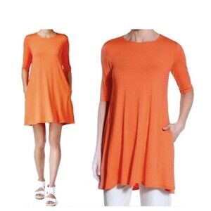 EILEEN FISHER Tunic PXS Lightweight Viscose Jersey Round Neck Elbow Sleeve Guava